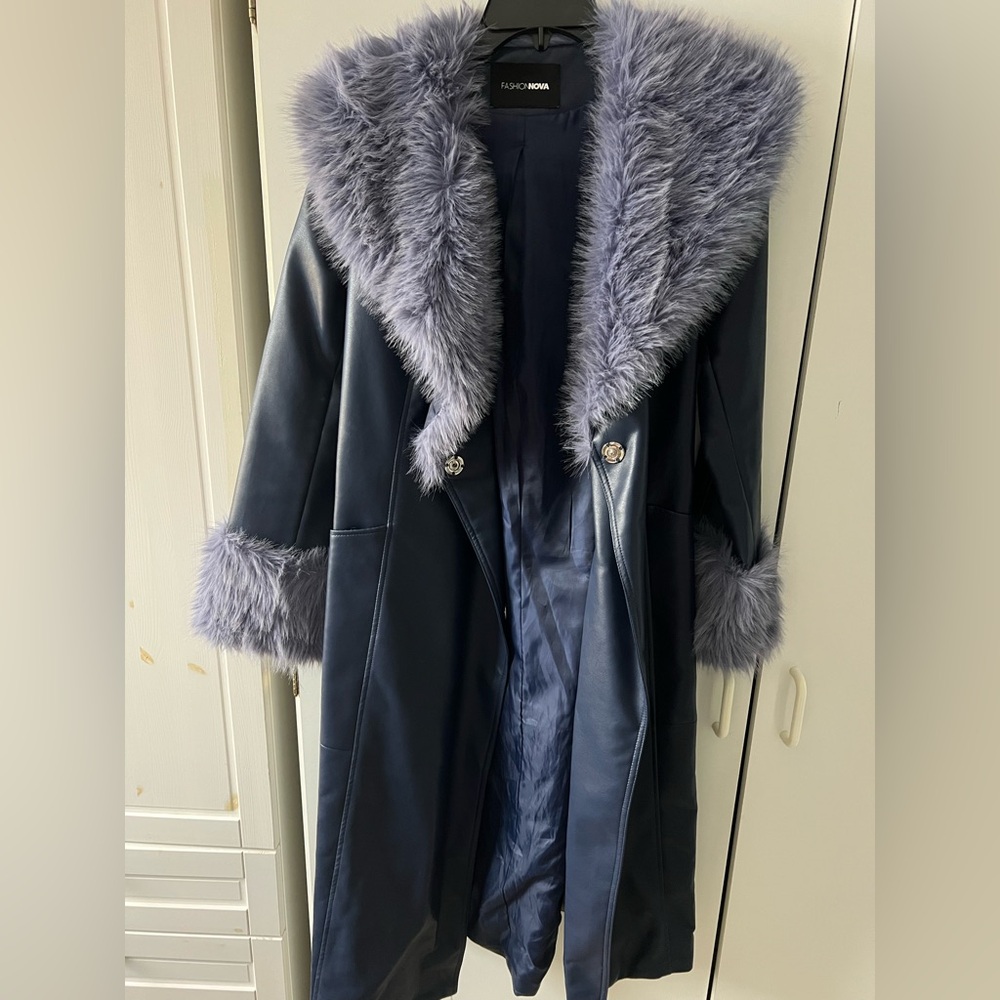 Fashion Nova Navy Faux Fur Trench Coat